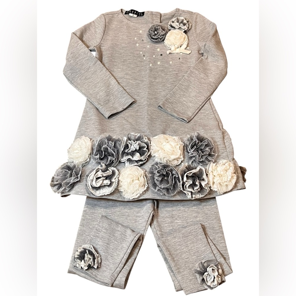 Biscotti Matching Light Grey Leggings and Tunic with Lace Flowers, Size 5